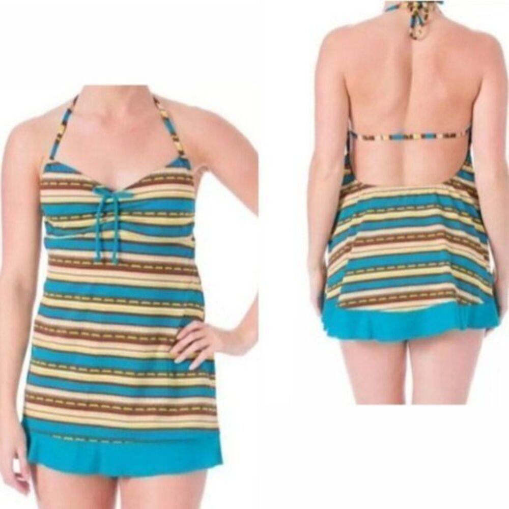 Mainstream Womens Retro Tribal Tankini Swimsuit 10 Green Striped Halter NEW